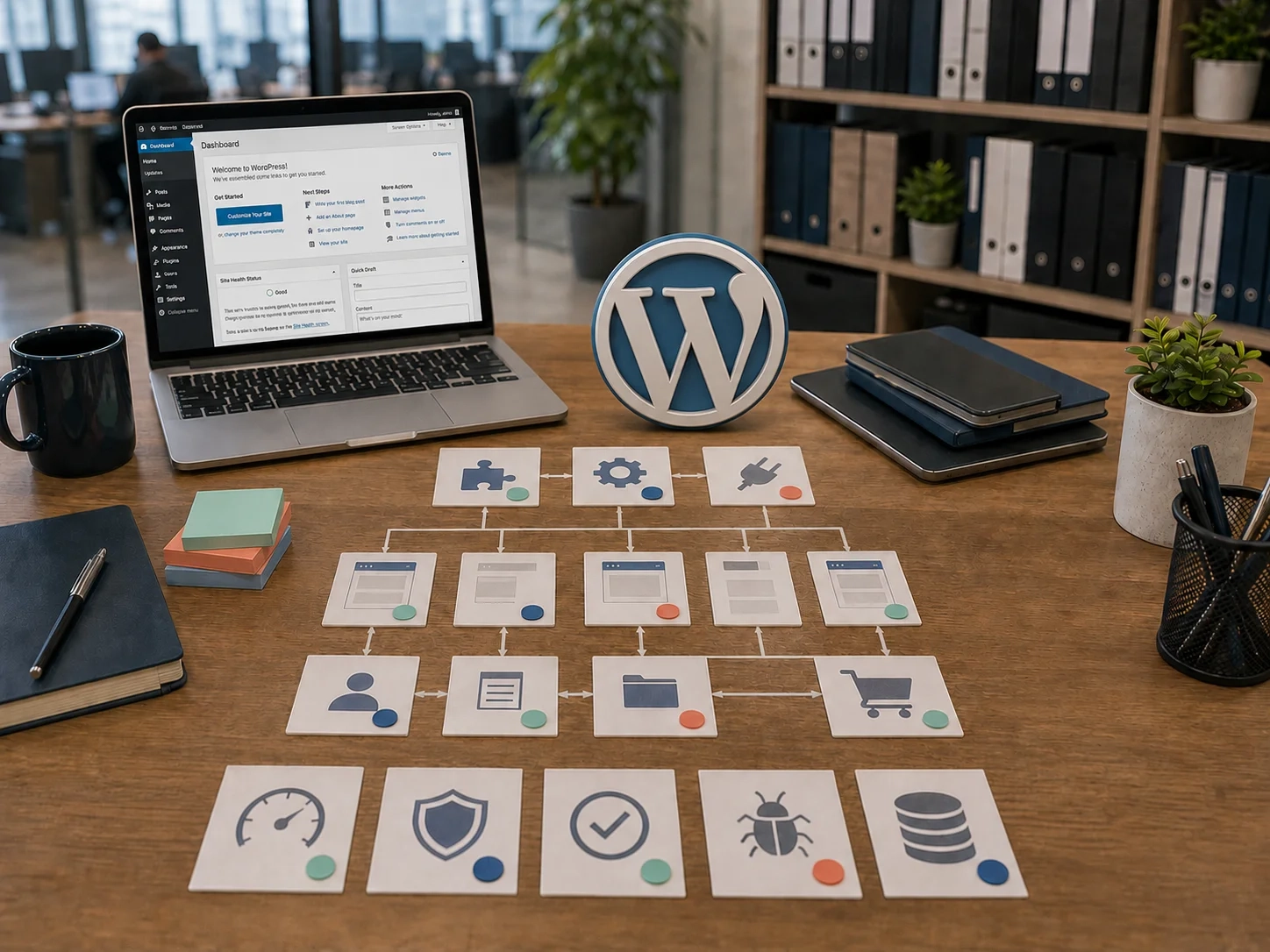 WordPress development workspace with a laptop and interface diagrams