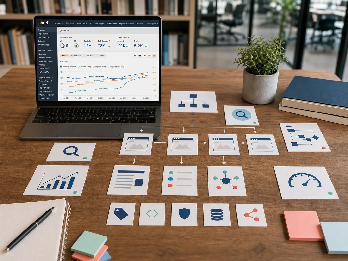 Technical SEO planning with metadata, schema, and crawl path details